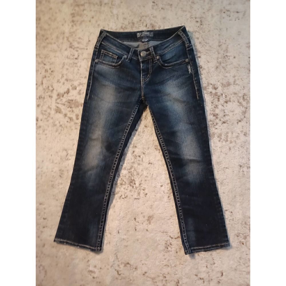 Silver Jeans Aiko Kick Flare Embroidered Denim Dark Wash Crop Jeans 25
